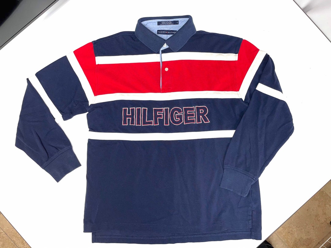 Vintage 90's Tommy Hilfiger Men Red White Blue SPELL OUT Long