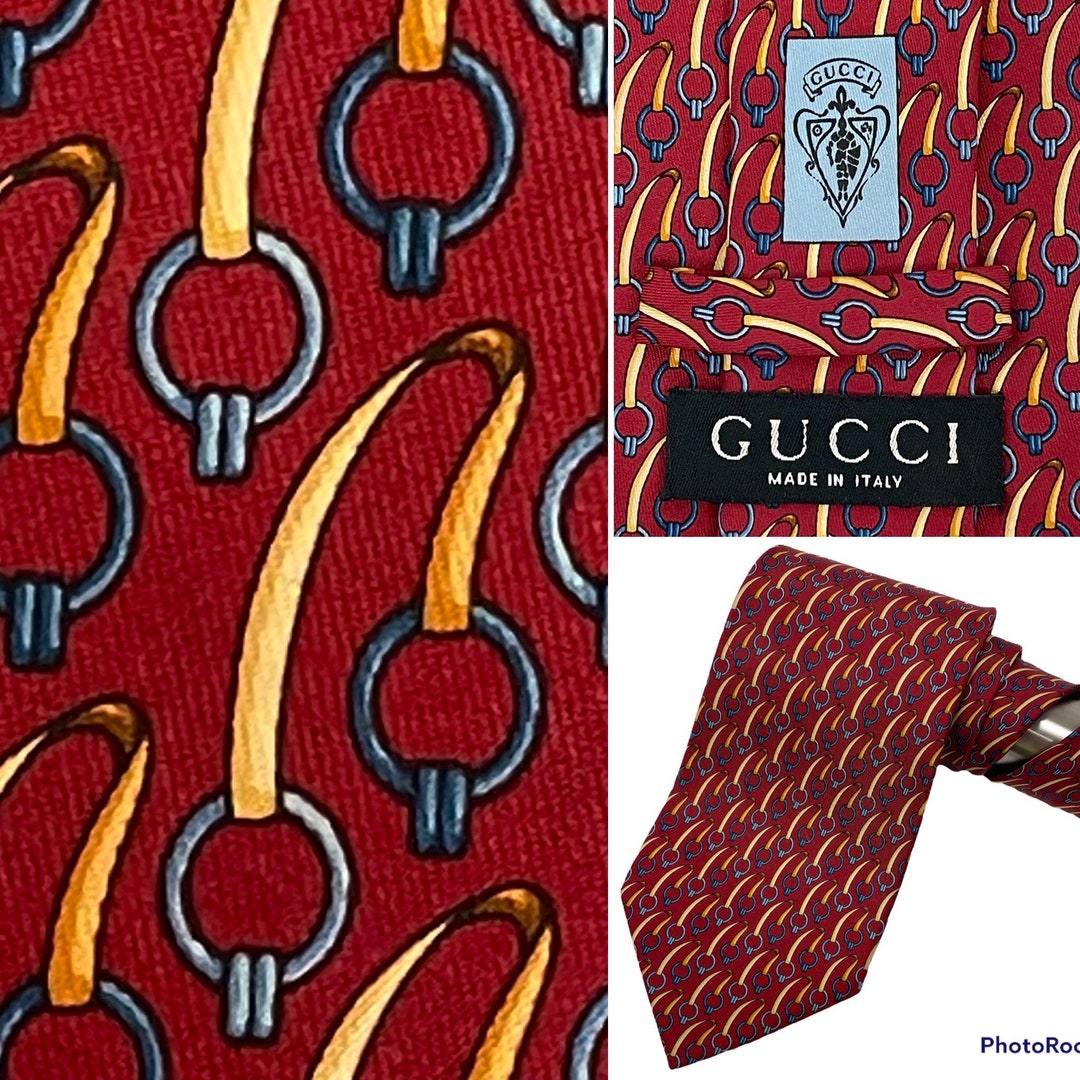Vintage Gucci Italy GG Men Luxury Red Blue Silk Neck Tie Gold