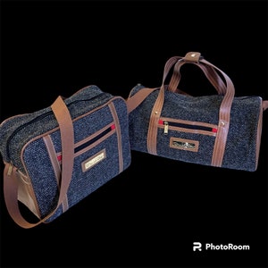 2 piezas Vintage 80's Oscar De La Renta EQUIPAJE Gris Negro TWEED Bolsa de mano VIAJE Duffle