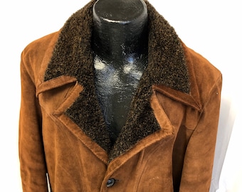 Vintage 70's Men's Brown HEAVY Suede Split Cowhide Cowboy SHERPA Lined Coat Mountain Man Rancher Leather Western Jacket 42