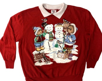 Vintage 60's Nutcracker Red Painted CHRISTMAS Shirt SNOW Bears Snowman Sweatshirt USA L