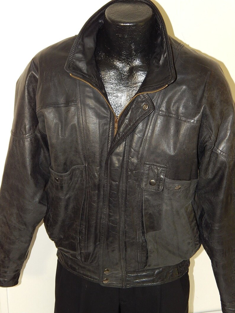 Vintage 80 90 S Weekends Men Distressed Black Leather Motorcycle Biker Jacket Er Flight Streetwear Grunge Punk Coat M