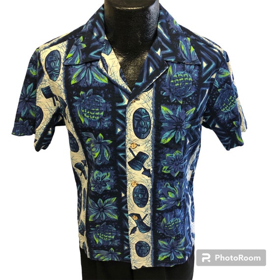 Vintage 60's Ui Maikai Men Royal Blue Hawaiian Pineapples TIKI