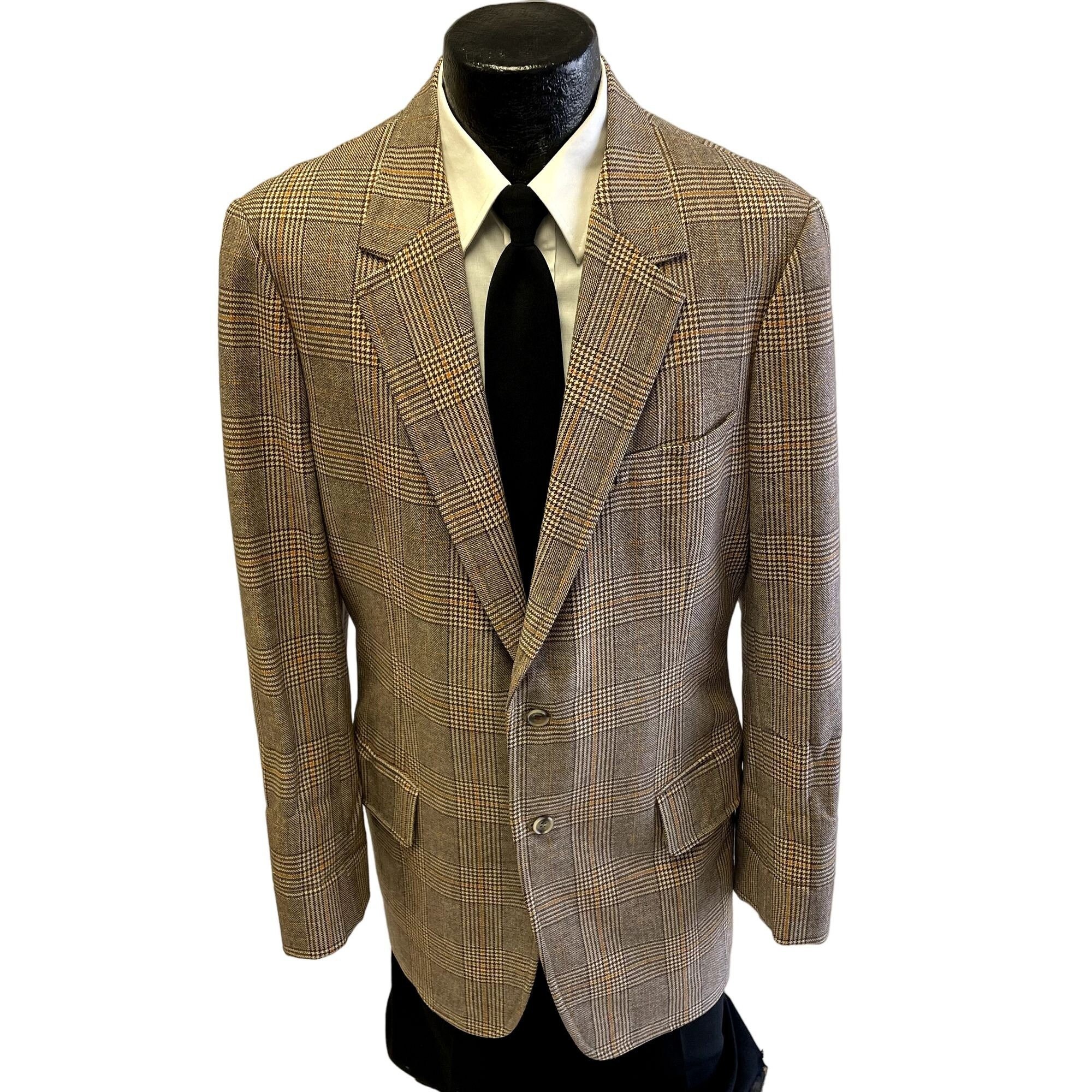 Vintage 70's BESPOKE Men's Mod Brown HOUNDSTOOTH Sport Coat Orange