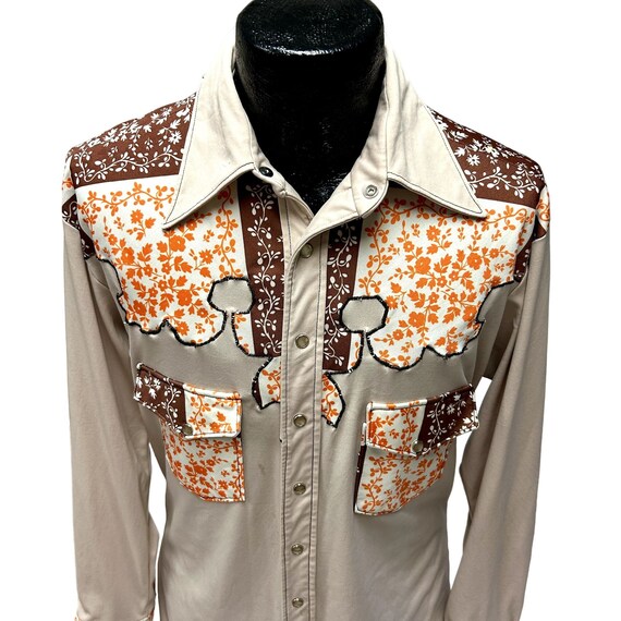 Vintage 70's Men's Beige Orange FLORAL Cowboy Wes… - image 10