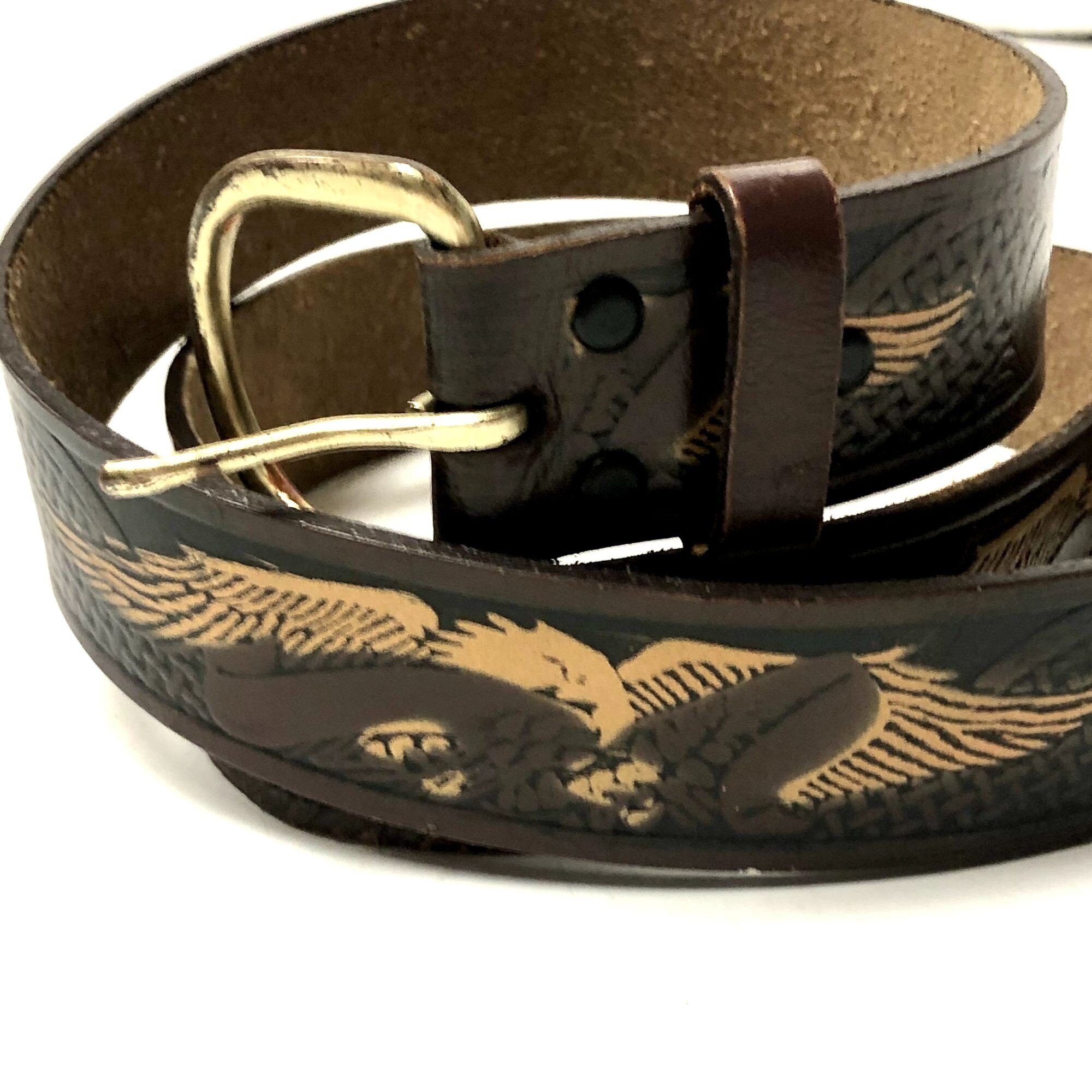 Ceinture Moto Vintage Wrangler - Aigle Tooled - Cuir Marron - Taille 36-38