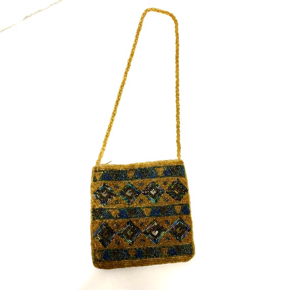 Vintage 50 60’s Gold GLASS Beaded Hand Bag GEOMET… - image 6