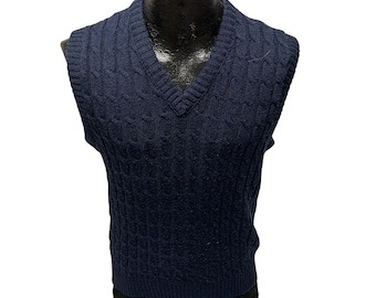 Vintage 80er Jahre Lord jeff Men Navy Blau Grobstrick KABELSTRICK Wintuk Orlon V-Ausschnitt Preppy Sweater Weste M