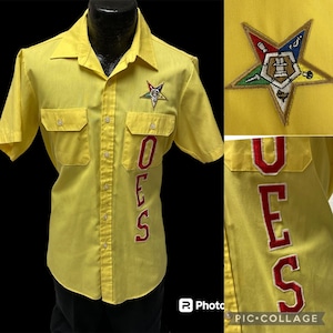 May include: A yellow short-sleeved button-down shirt with a red embroidered "OES" on the right side and a five-pointed star with Masonic symbols on the left side.