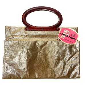 Bolso de mano vintage Lady's Pride de los años 70, bolso dorado metalizado brillante, bolso de mano con asa superior Gogo HIPPIE de MoD con etiquetas