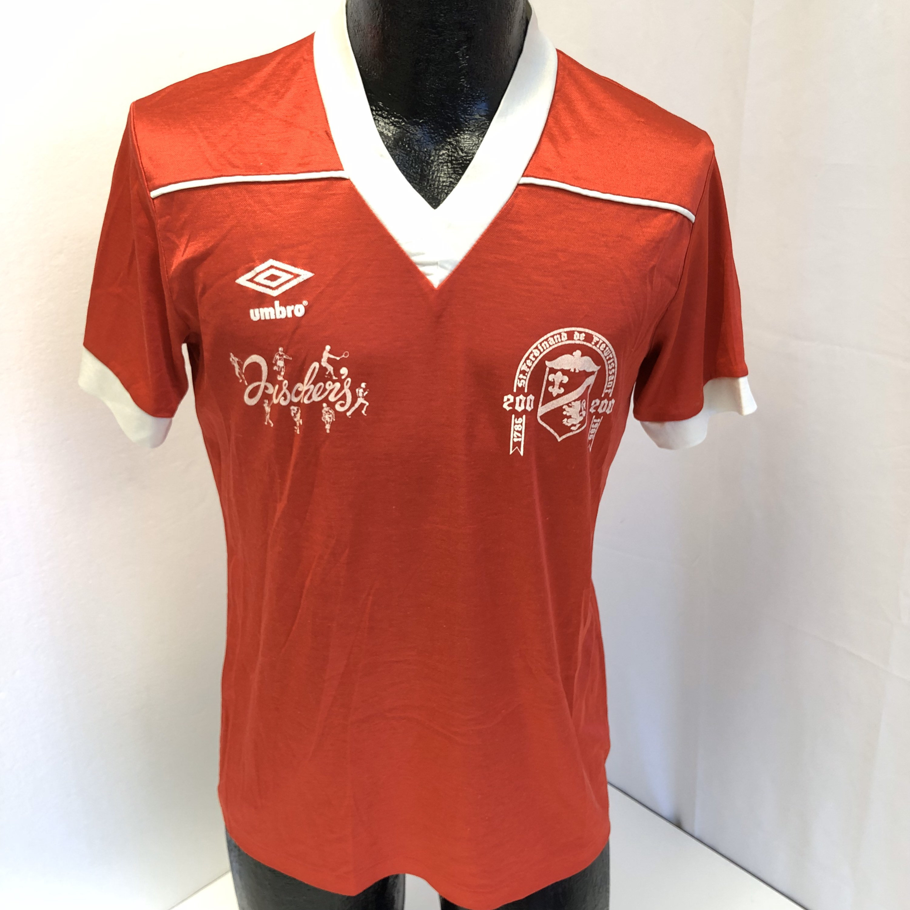 Vintage 80's Umbro USA Made SHINY Red FISCHER'S #8 Soccer