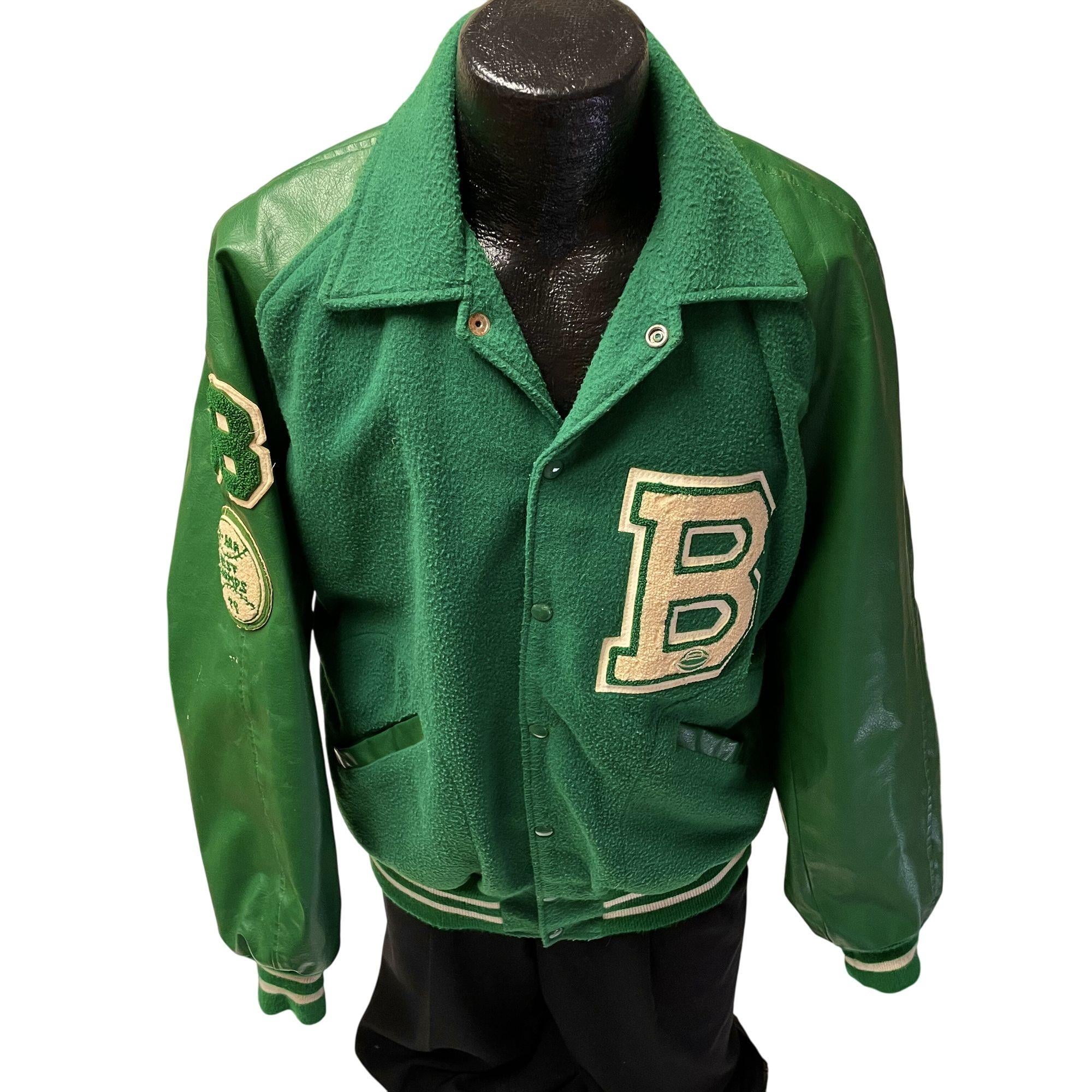 Vintage 60 70's Rich Knit Oshmans Men GREEN Wool LETTERMAN