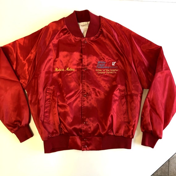 Vintage Auburn Red Satin Shiny Bomber White Swan … - image 2