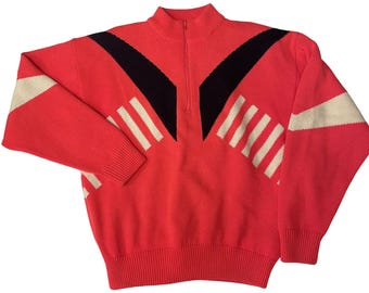 Vintage 80’s Obermeyer Sport Pullover SKING Hot Pink Geometric Knit SNOW SKI Sweater L
