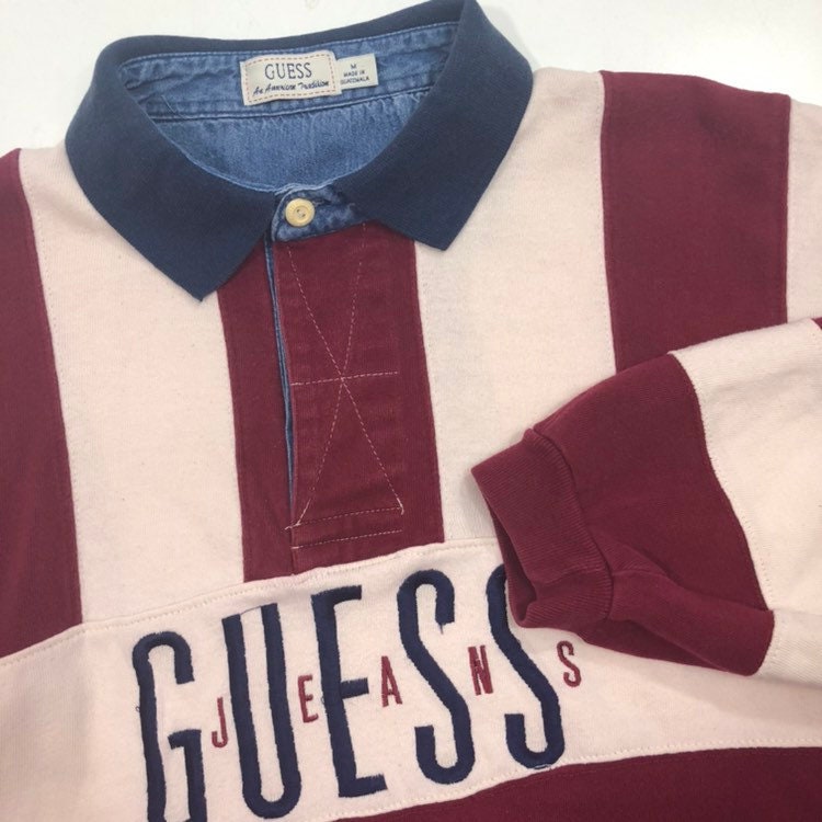 Vintage 80 90 s Guess Jeans Men SPELLOUT Rugby Polo Stripe Streetwear Skate Shirt M
