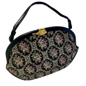 Vintage 60 70's Negro FLORAL Rosa Verde NEEDLEPOINT Bolso de mano Tapiz Monedero Top Handle MoD Satchel