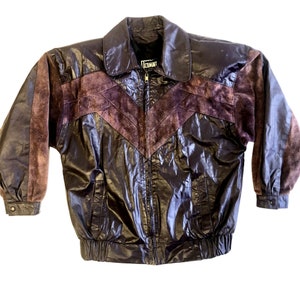 Vintage 80's Comint Lady's Plum Purple SUEDE BOMBER Leather CHEVRON Biker Jacket S