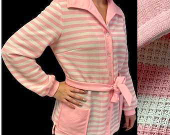 Vtg 70’s Mr Jack Dallas PASTEL Pink White Knit MoD Belted Dress STRIPE Retro Cardigan Light Weight Sweater Jacket M