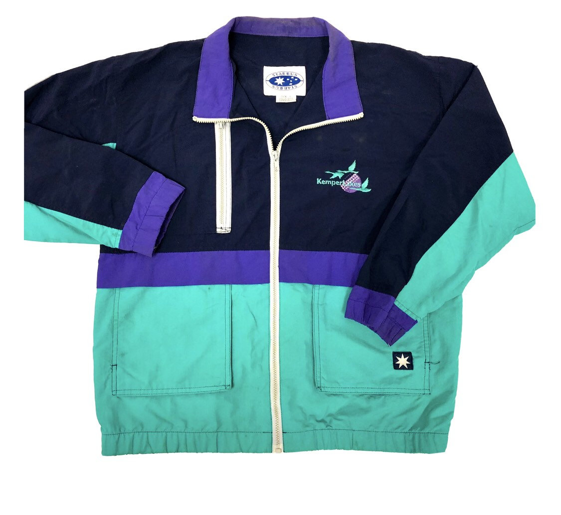 Vintage 80's Starbus Men's Blue Nylon Colorblock Windbreaker