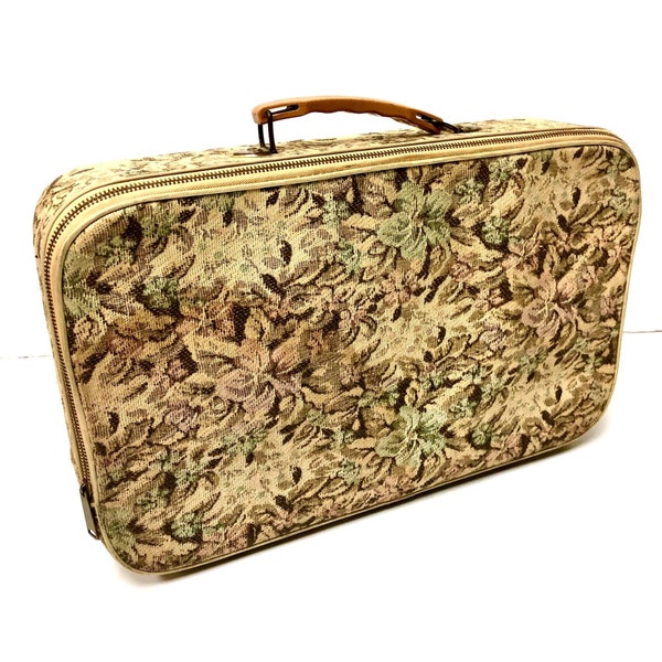 Vintage 60 70's Needlepoint FLORAL Zip Around Small Carry On Suitcase MoD Weekend Overnight Case Bag