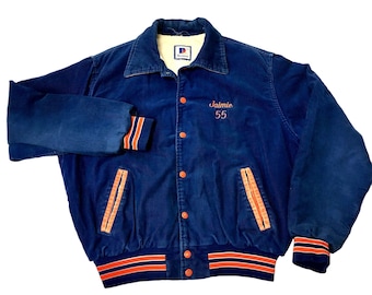 Vintage 70&#39;s Rennoc Blue Corduroy Varsity Coat KEEFE TECH Football Letterman RARE Jacket L