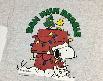 Vintage 90's PEANUTS Schulz Heather Gray SNOOPY Woodstock BaH HuM BeAgLe Christmas T-Shirt XL