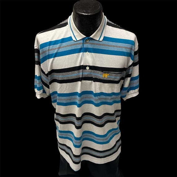 Vintage 80's Jack Nicklaus Blue Stripe Golf Polo Golden BEAR Logo