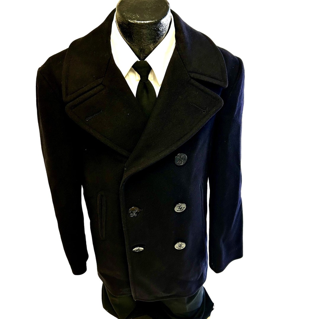 Vintage 70's Men US Navy Blue KERSEY Wool Peacoat Military Issued