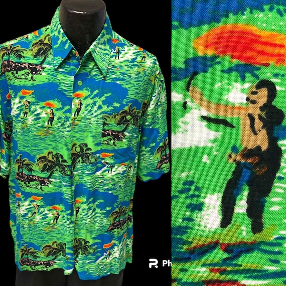 Vintage 80's Blue Green Rayon FIRE THROWING Hawaiian SAVAGES Island Tropical Summer Shirt Xl