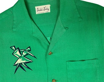 Rare Vintage 50's Waikiki Holiday Men Green Silk Rayon HAWAII DANCE Association Blue Velvet Rockabilly Bowling Loop Collar Shirt L