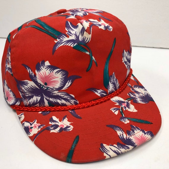 80-90s Tropical Nissin Etsy Vintage Rope Purple Hat Snapback PI Cap - TRUCKER Hawaiian Red Floral MAGNUM