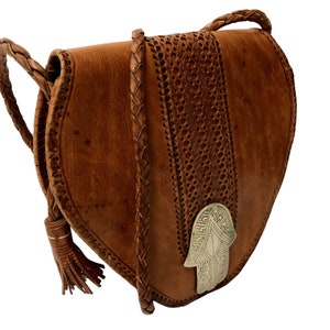 Vintage 70er Jahre Four Winds handgefertigte MAROKKANISCHE Leder Braun Handtasche PILZ CONCHO Crossbody Hippie Geldbörse