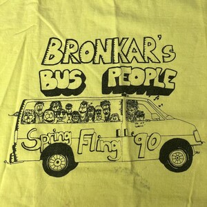 Vintage jaren 90 Fun Wear BRONKARS Bus Mensen LENTE FLING Cartoon 1990 T Shirt Xl