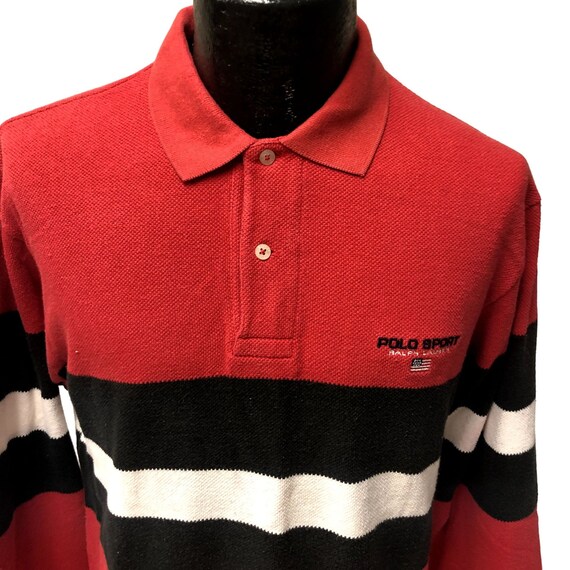Vtg 90's Ralph Lauren Men Red Stripe POLO Sport FLAG Logo Long