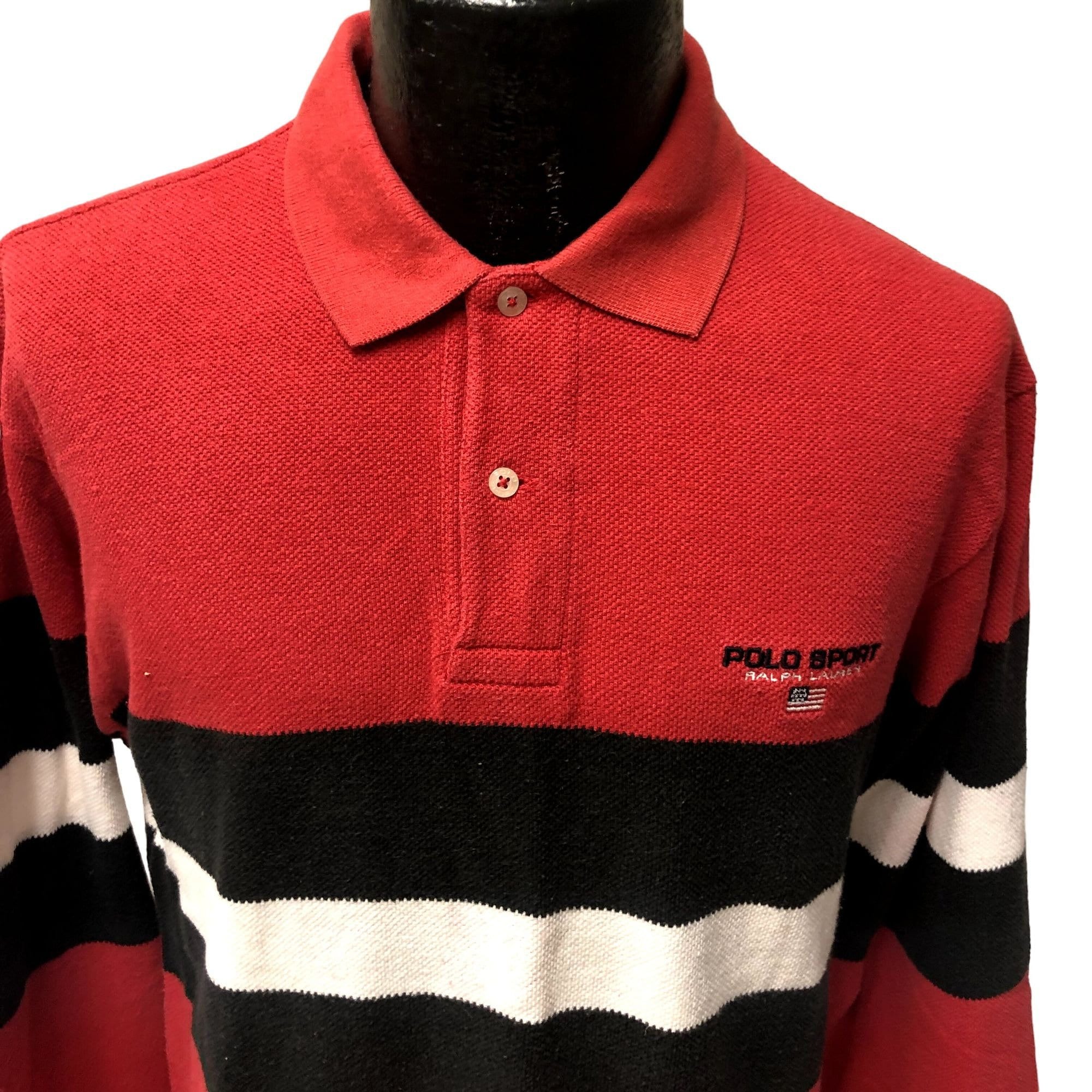 Vtg 90's Ralph Lauren Men Red Stripe POLO Sport FLAG Logo Long