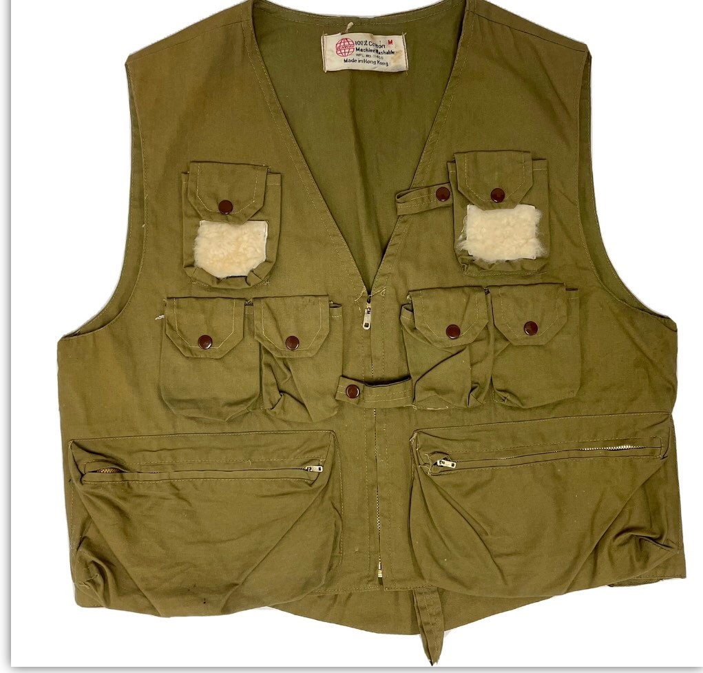 Vintage Seaway Men Olive 11 Multi Snap Pocket FLY FISHING Vest Photo Journalist Safari M