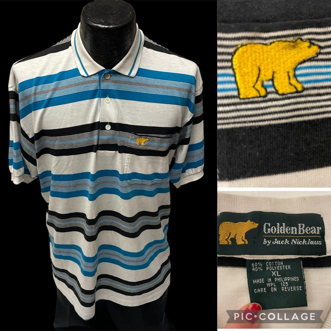 Vintage 80's Jack Nicklaus Blue Stripe Golf Polo Golden BEAR Logo