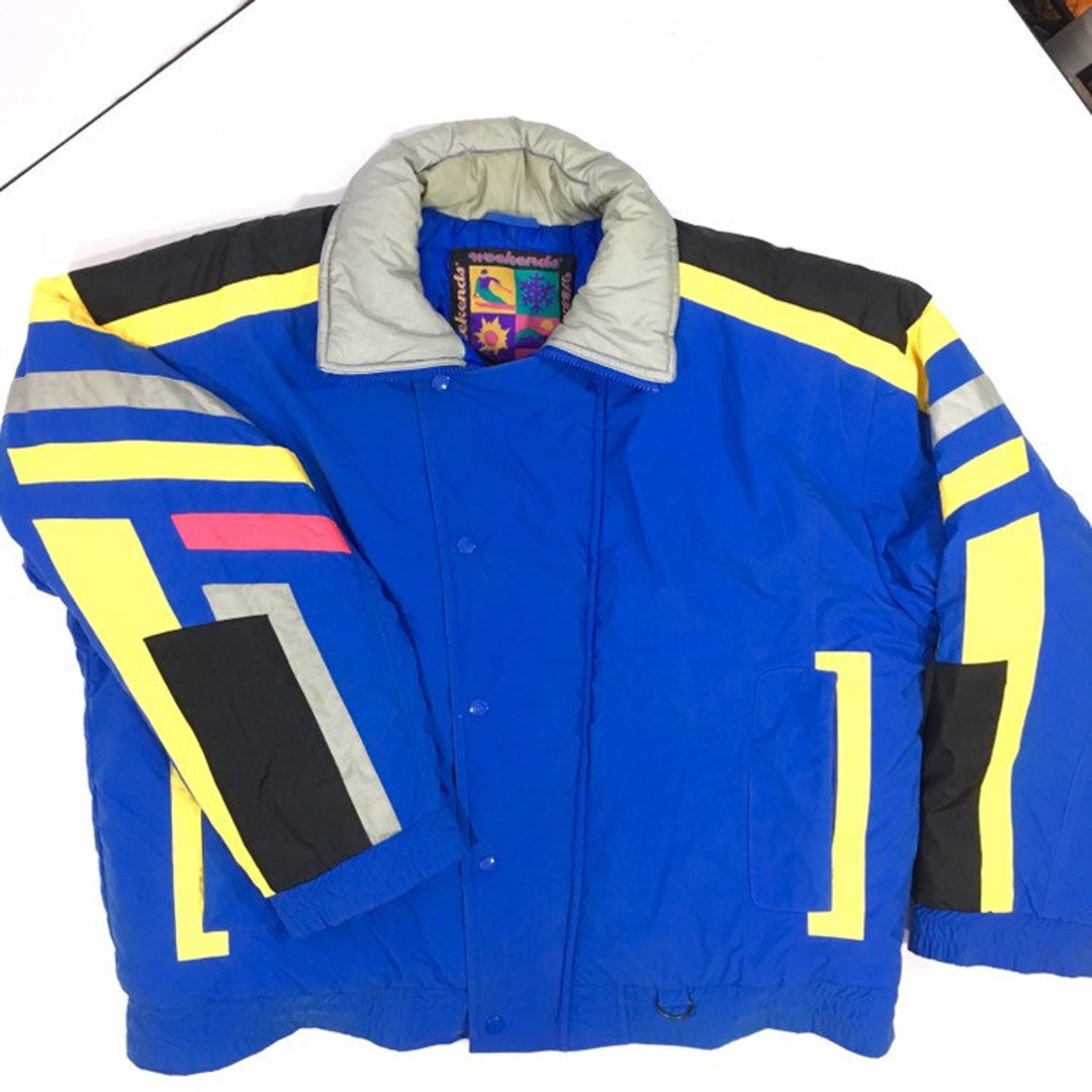 Vintage 80 90's Weekends Men's Blue Yellow Colorblock PUFFER Coat Snow ...