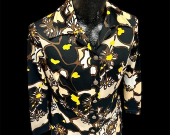 Vintage 70's Jerri Double Knit MoD Black Yellow FLOWER Power Hippie Blouse DISCO GROOVY Shirt M