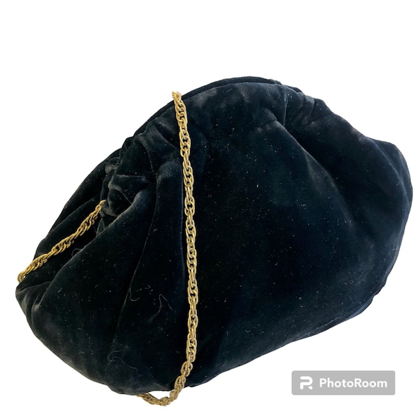 Vintage 50's Black VELVET Handbag CHAIN Strap Shoulder Purse Velour Evening POUCH Bag Clutch