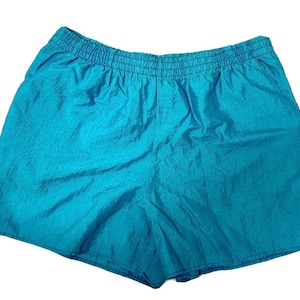 May include: A pair of teal blue nylon athletic shorts with an elastic waistband.