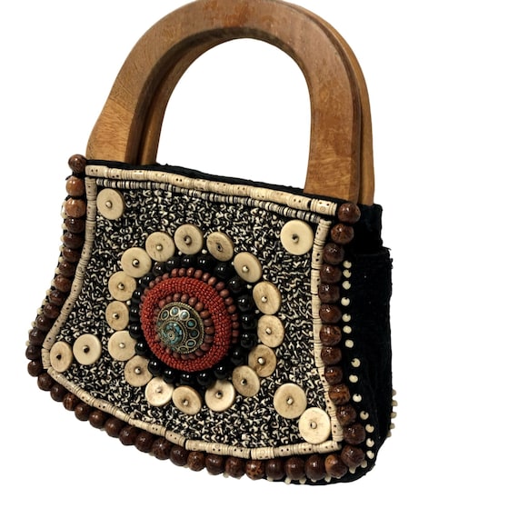 Vintage 60's Handmade India TIBETAN Hand Bag BEAD… - image 1