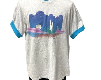 Vintage 90's Anvil Heather Gray 1992 TEXAS Hill Country SUNSET Ringer T Shirt XL
