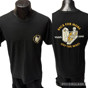 以下が含まれることがあります： 前面と背面にグラフィックが施された黒いTシャツ。前面のグラフィックはテキスト入りの円形デザインです。背面のグラフィックは、棺の中の骸骨と「BACK FOR MORE」と「VANS OFF THE WALL 1966」のテキストが特徴です。