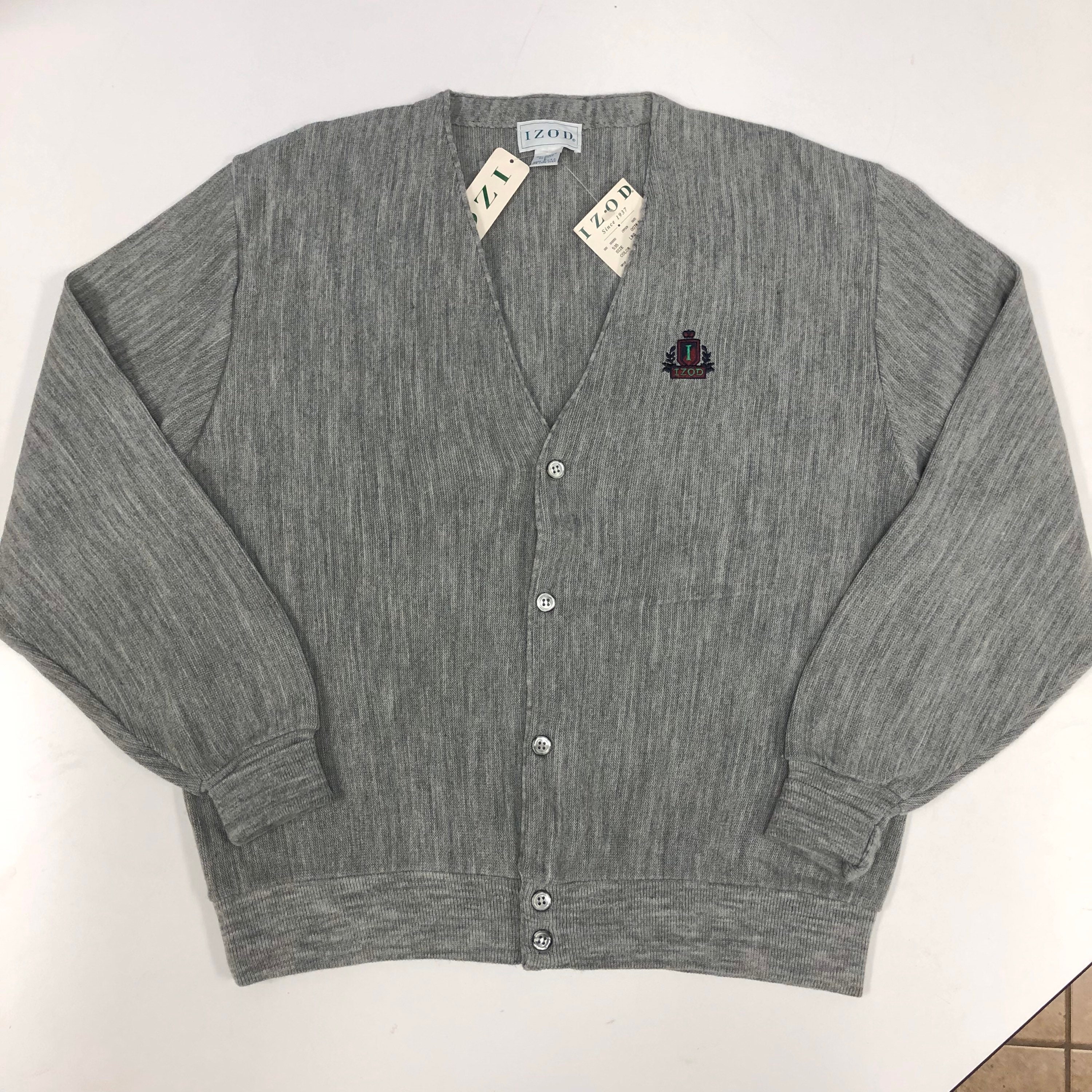 BestVintageClothes NOS Vintage 80's New Izod Men Gray Acrylic Knit Cardigan Crest Logo Club Sweater L
