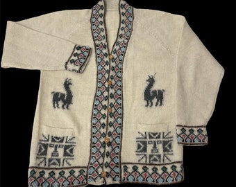 Vintage HANDMADE Cream Llama Cardigan Multicolor Tribal Aztec Trim ALPACA MOHAIR Knit Sweater M