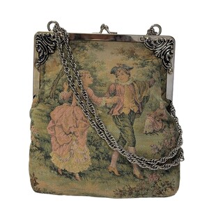 Vintage 50's bolso tapiz antiguo victoriano COURTING PAREJA Kiss Lock Chain Cocktail Bag