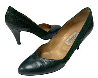 Vintage 80's Calvin Klein CK Green SUEDE Leather SNAKESKIN Pumps
