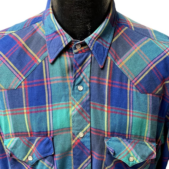 Vintage 80's Wrangler Blue TARTAN Plaid Cowboy We… - image 4