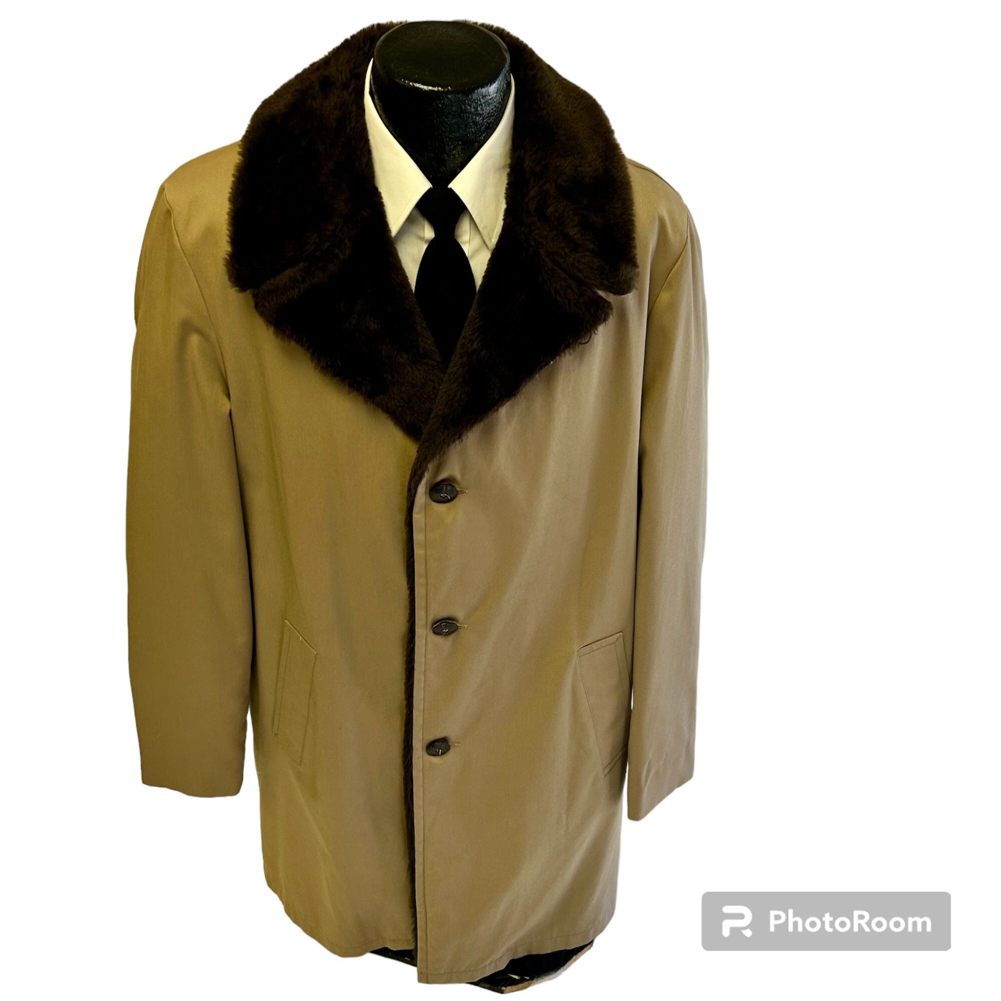 Vintage 70's Beige Tan 1/2 TRENCH Coat FLEECE Lined Overcoat